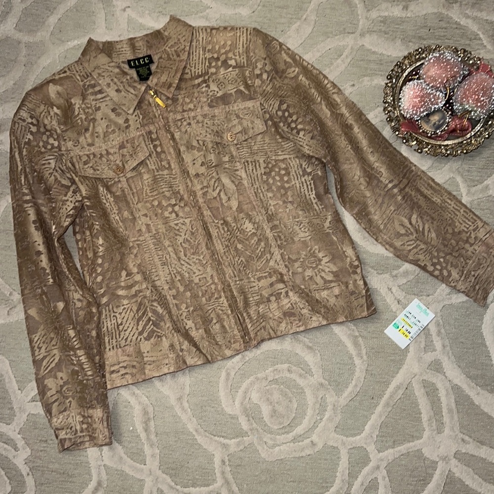 NWT🌷ELCC🌷Tan sheer lacey type rayon/ polyester/flax zip front jacket